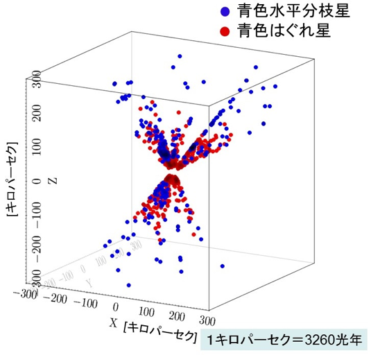 図2：青色水平分枝星（青色）と青色はぐれ星（赤色）の空間分布。HSC-SSPは太陽系から見て特定の方向だけ観測しているので、太陽系から扇形の分布に見えています。©東北大学