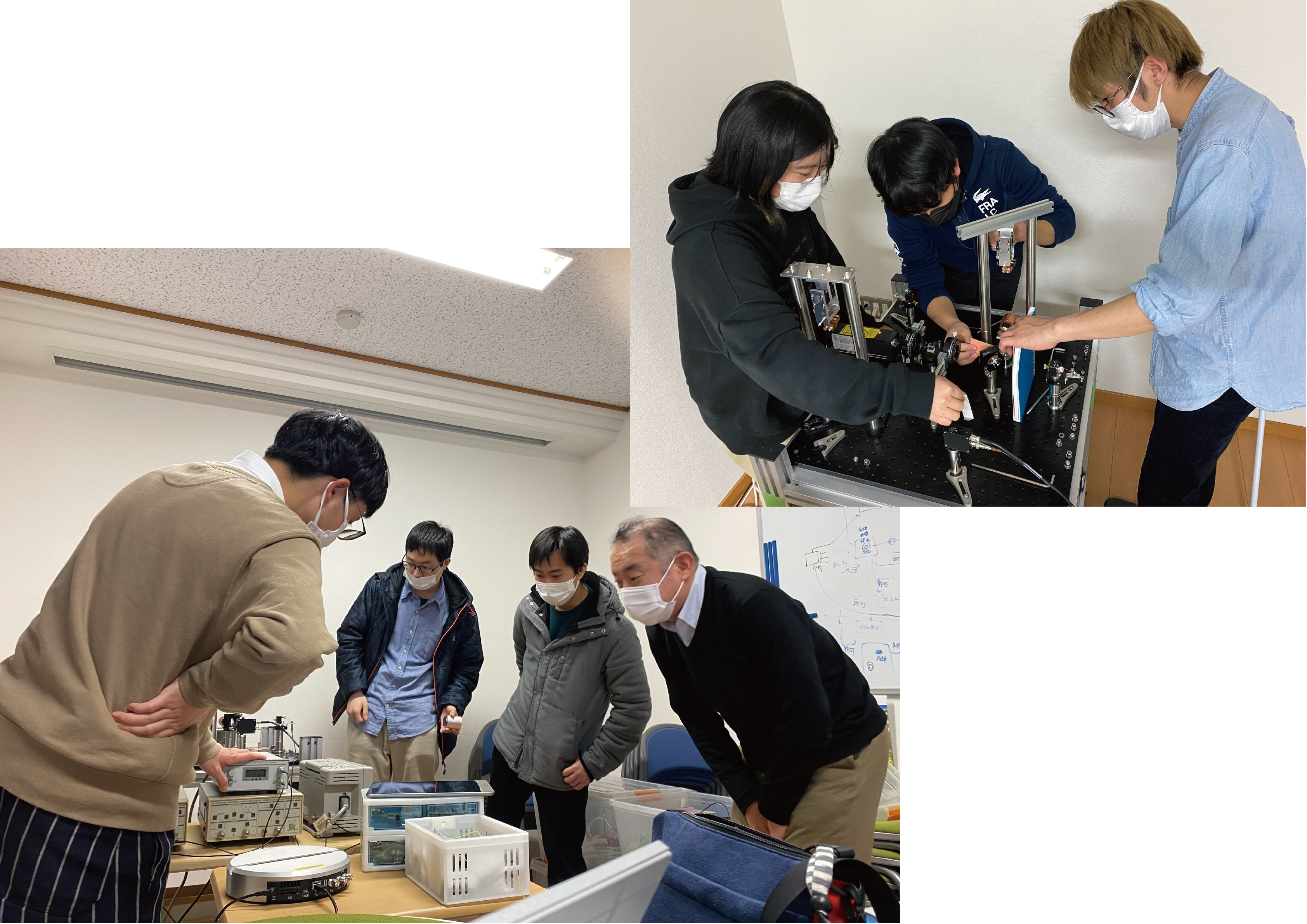 3月末に重力波観測研究施設内で行われた現地見学会で、レーザー干渉計を組み立てる学生たち